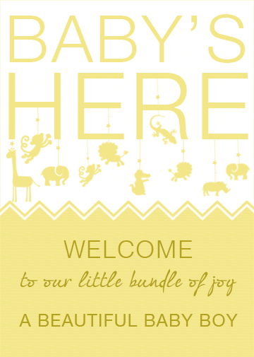 new baby ecard with toys on the front and yellow design.