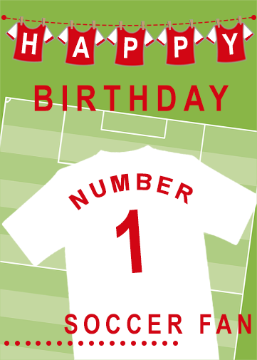 FREE soccer birthday ecard with football shirts on a line and no.1 soccer fan