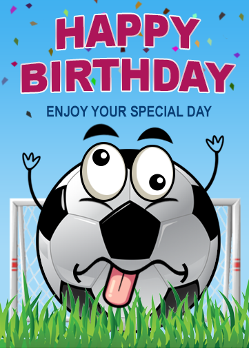 funny birthday soccer ecard with a funny ball face and goal with pitch