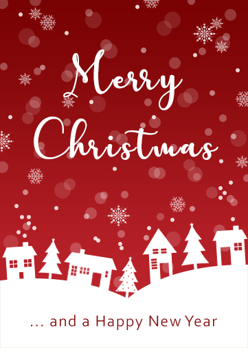 Merry Christmas Card with a red background full of snowflakes and sending you warm winter wishes