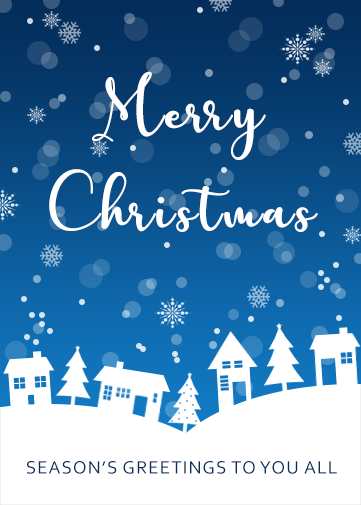 Family Christmas Card with a blue snowy background and white silhouette houses and trees in the background.