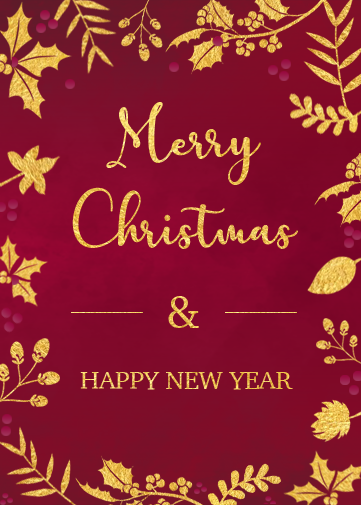 Cheap Christmas Cards with a red colour background and gold leaves around the edge. Christmas and new year greetings on the front.