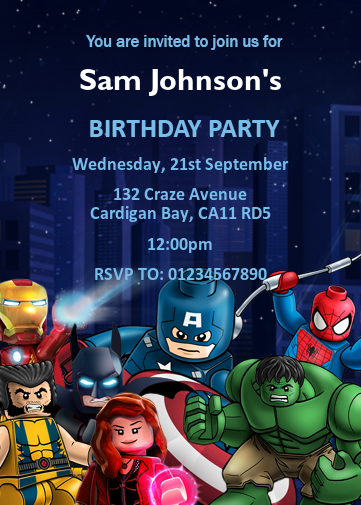 Lego superheroes e-invite. Party invitations with lego superhero characters.