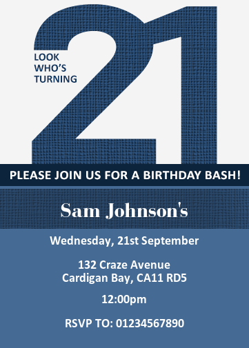 21st male birthday invitation with big 21 and blue design