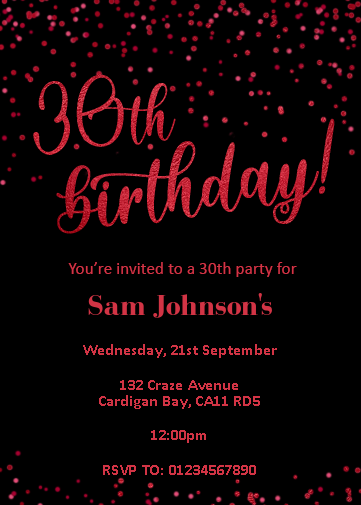 30th birthday invites, digital invitations with red foil 30th brithday, black background, red confetti