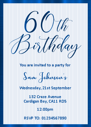 60th birthday invite with blue gradient border and light blue lines effect