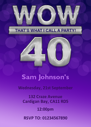 40th birthday invitation - wow party purple disco background effect