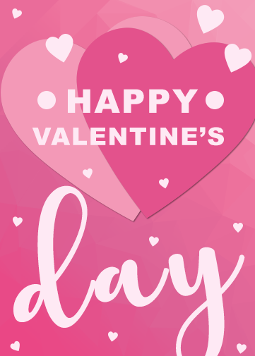 pink valentines day ecard with two colour pink hearts and happy valentines day text