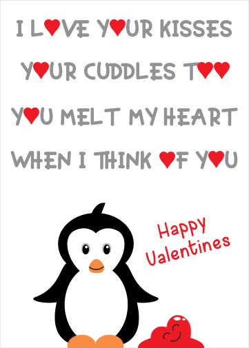 penguin melt hearts valentines day ecard with love poem