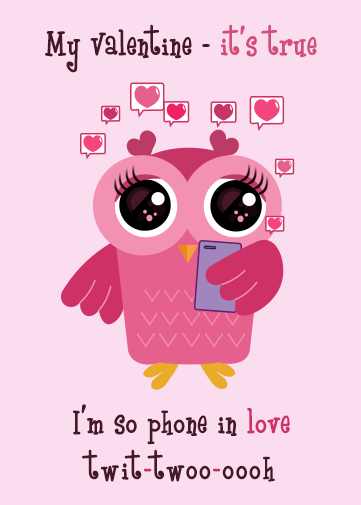 funny valentines cards digital format send online cute girl owl with phone