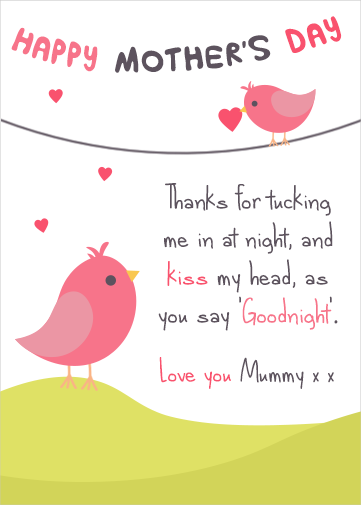 mothers day card poem with mummy and baby birds and a lovely verse with pink hearts