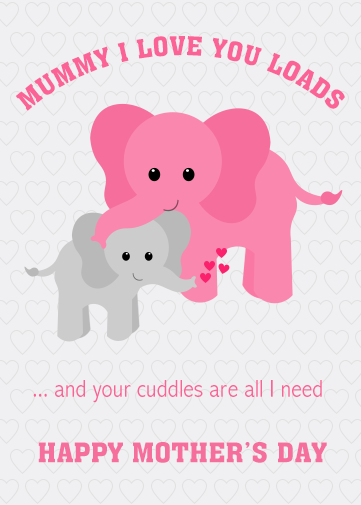 mummy mothers day cards with cute mummy and baby elephant in pink and grey