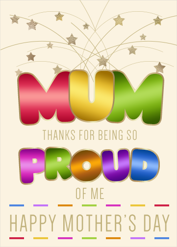 mothers day card so proud in rainbow colours with gold stars