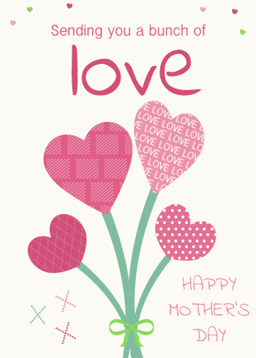 mothers day ecards with love and bunch of flowers in pink heart shapes