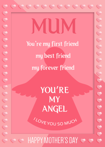 mother's day greeting cards in paperless format with pink angel and bubble hearts around the border