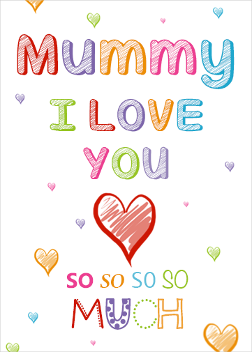 mummy mothers day card with kids writing in colourful text and a big red heart