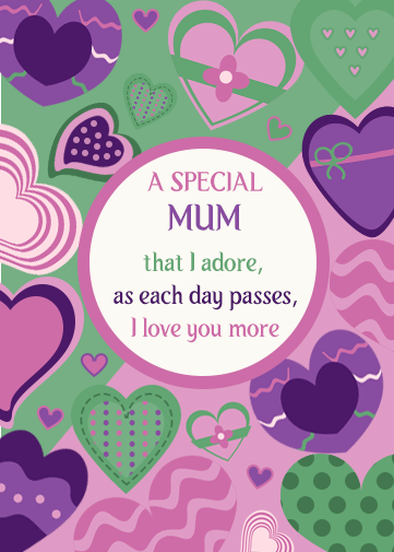 mothers day card in digital format with pink, purple and green hearts design