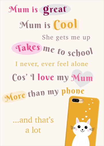 cool mum mother's day card in digital format with funny poem and cute cat on the back of a phone.