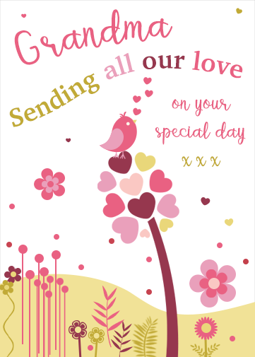 Love Gran Personalised eCard in digital format to send via text or email. Lovely design with heart tree and little cute bird.