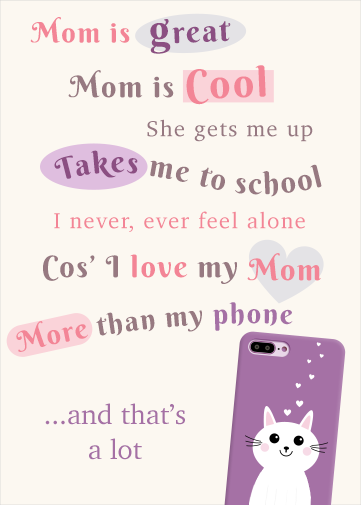 mom paperless ecard for mothers day. send via email. Has a cute poem and cat image on back of a phone.