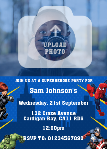 Editable Superhero Party Invitation for your kids party. add a photo and personalise.