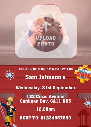 Fireman Sam online birthday invitation with firestation background and water hydrant.