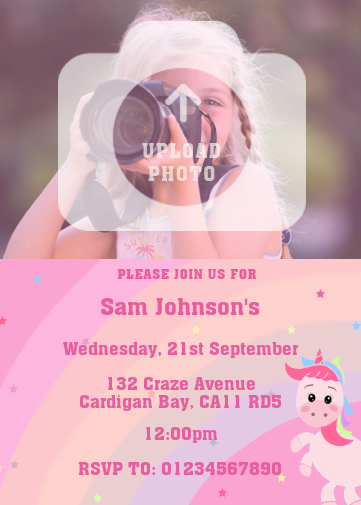unicorn birthday party invites with a rainbow and cute unicorn in the corner.