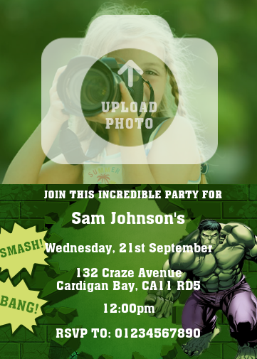 Hulk invitation maker with hulk breaking through a wall and smash and bang text