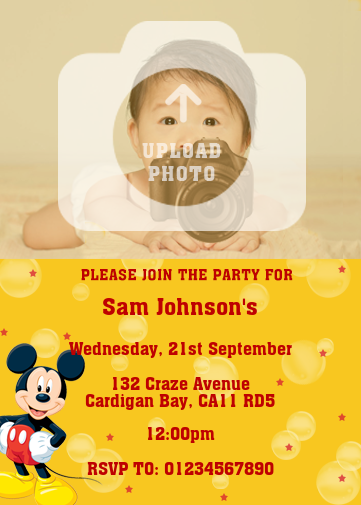 Mickey Mouse Invitation Template with bubbles and yellow background with mickey mouse