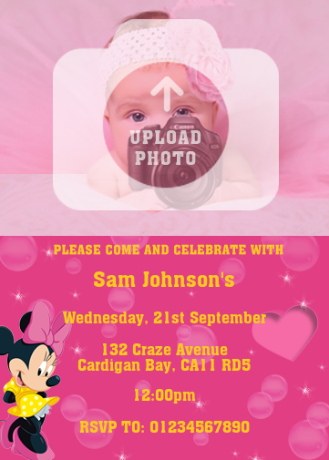 Minnie Mouse Invitation Template with bubbles and pink starry background with minnie mouse