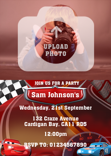 Editable Disney Cars Invitations with two disney cars, tyre, road and chequered flag background