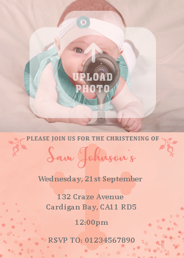 Christening Invitation Template with cross in the peach background and little stars