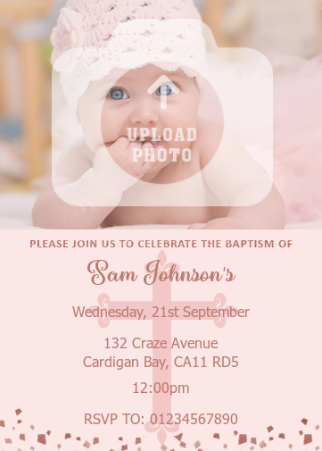 Christening invitations for girls with rose gold confetti and cross in the background