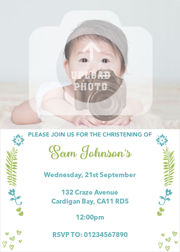 Boys Christening Invitation Template with floral border and little tiny hearts