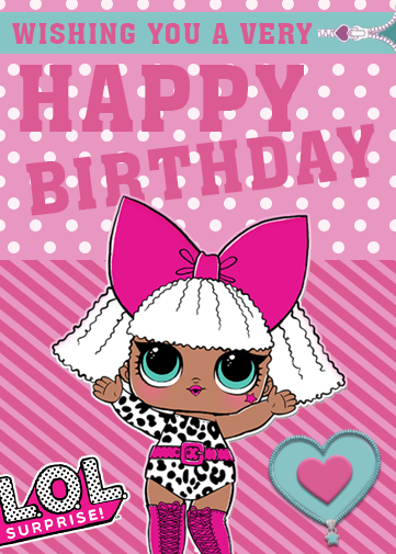 LOL DOLLS custom birthday card with lol doll on the front and stripy background with lol dolls logo