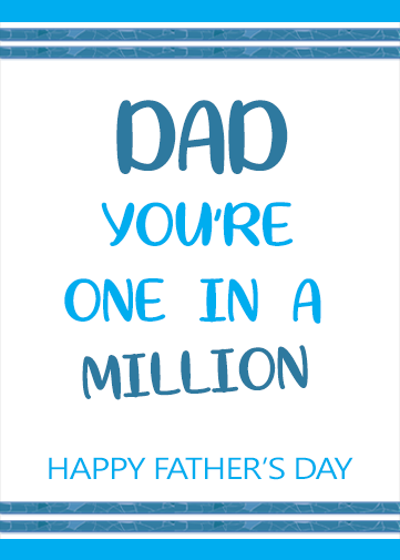 personalised fathers day card with dad your one in a million in blue and white design with stripy border