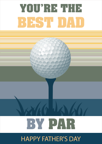 Golf Fathers Day Card with a stripy background in yellow, green, grey and blue. Golf ball on a tee.