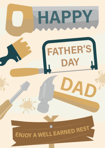 personalised dad card template with tools on the front like hammer, saw, screw driver in a pale background design. Text saying happy fathers day.