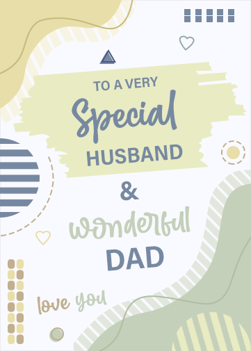 special fathers day card for dad with wavy border designs and shapes in green, yellow nad blue colour scheme.