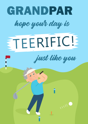Grandpa Fathers day cards with a male golfer on a golf course background. Golfer is hitting the ball off the tee.