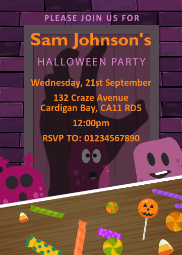 halloween party invite with a scary hand over a door frightening a ghost