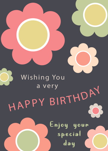 female birthday card with flowers in pink, orange, green and yellow.