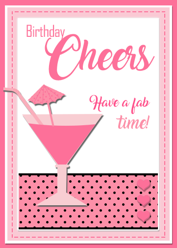birthday ecards with cheer and a cocktail glass with pink champagne