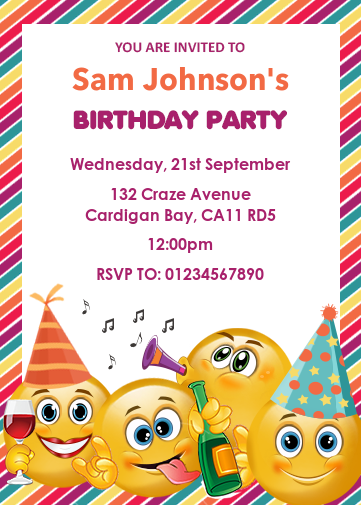 smiley face party invitation with party hats on