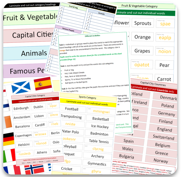 fun literacy worksheets learning captial cities, team building, sports, famous people